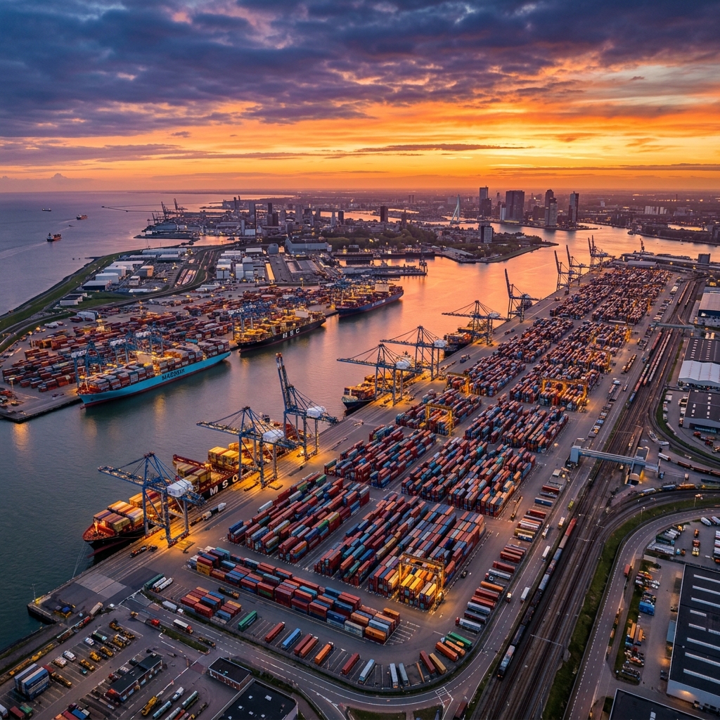 Port terminal aerial view at sunset